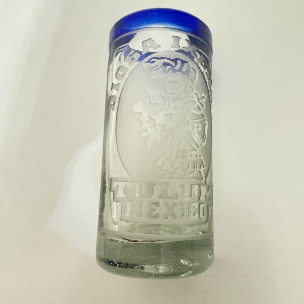 Tulum Mexico Hand Blown‎ Shot Glass Cobalt Blue Rim Etched Mayan Diosa Ixchel